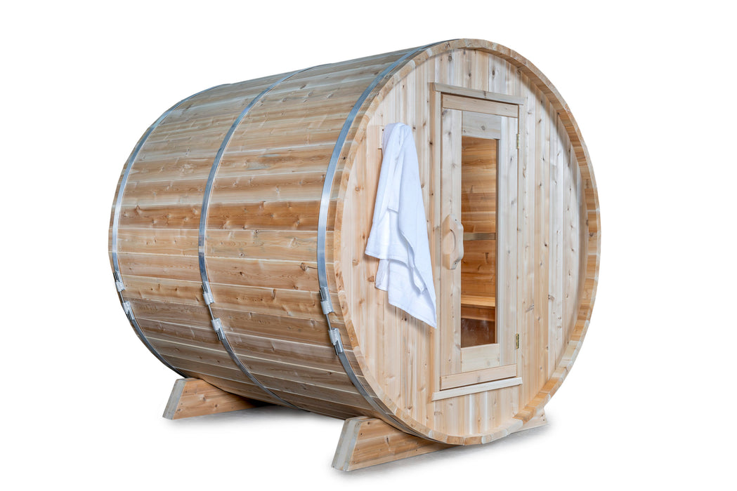 Canadian Timber Harmony 4 Person Outdoor Barrel Traditional Sauna CTC22W - NOTE: Pricing subject to change based on lumber cost