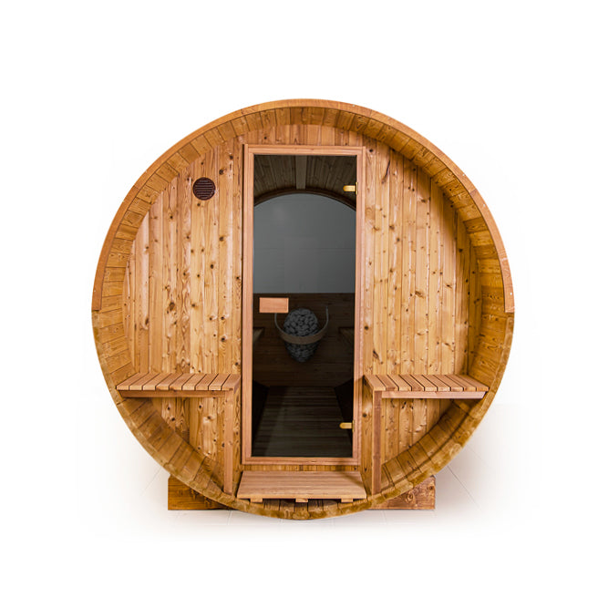 Thermory No 60 4-PersonBarrel Sauna with Front Porch and Panoramic Window